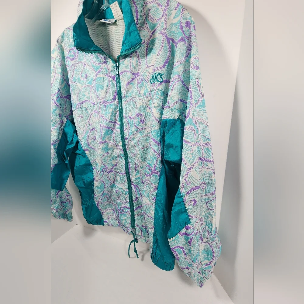 VINTAGE ASICS Womens Lightweight Windbreaker Running Full-Zip Large Green Tribal - Picture 2 of 11